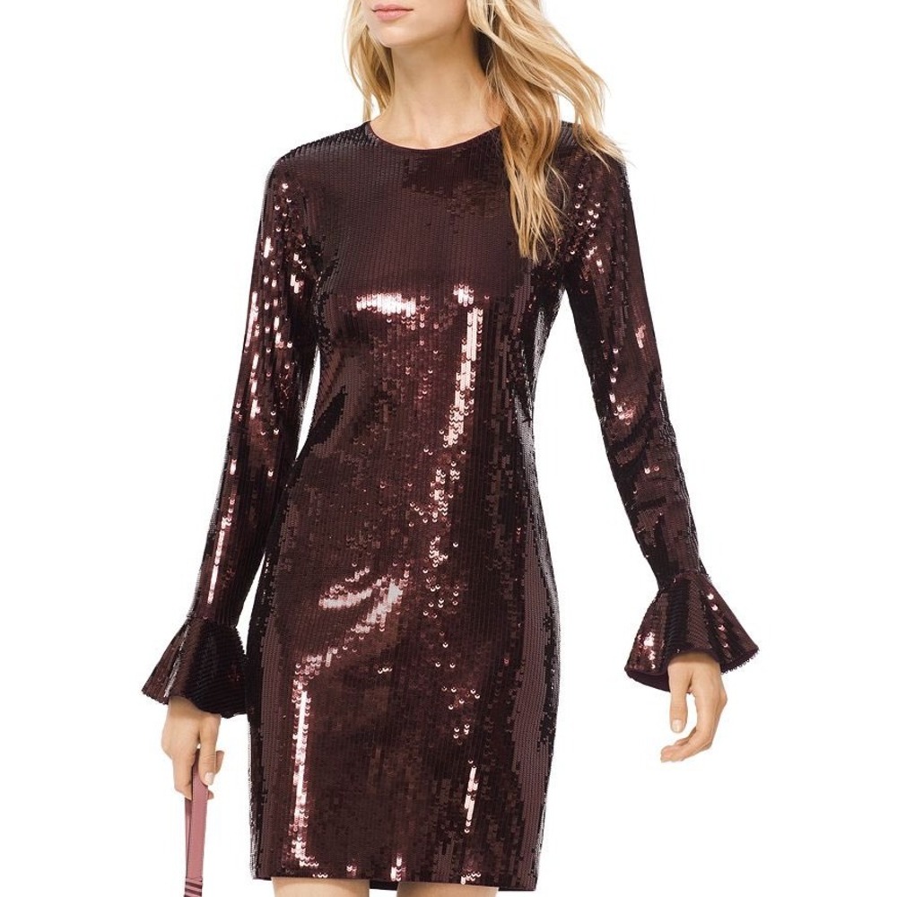Michael Kors Sequin Bell Sleeve Mini Dress Mahogany Burgundy Cocktail Party S